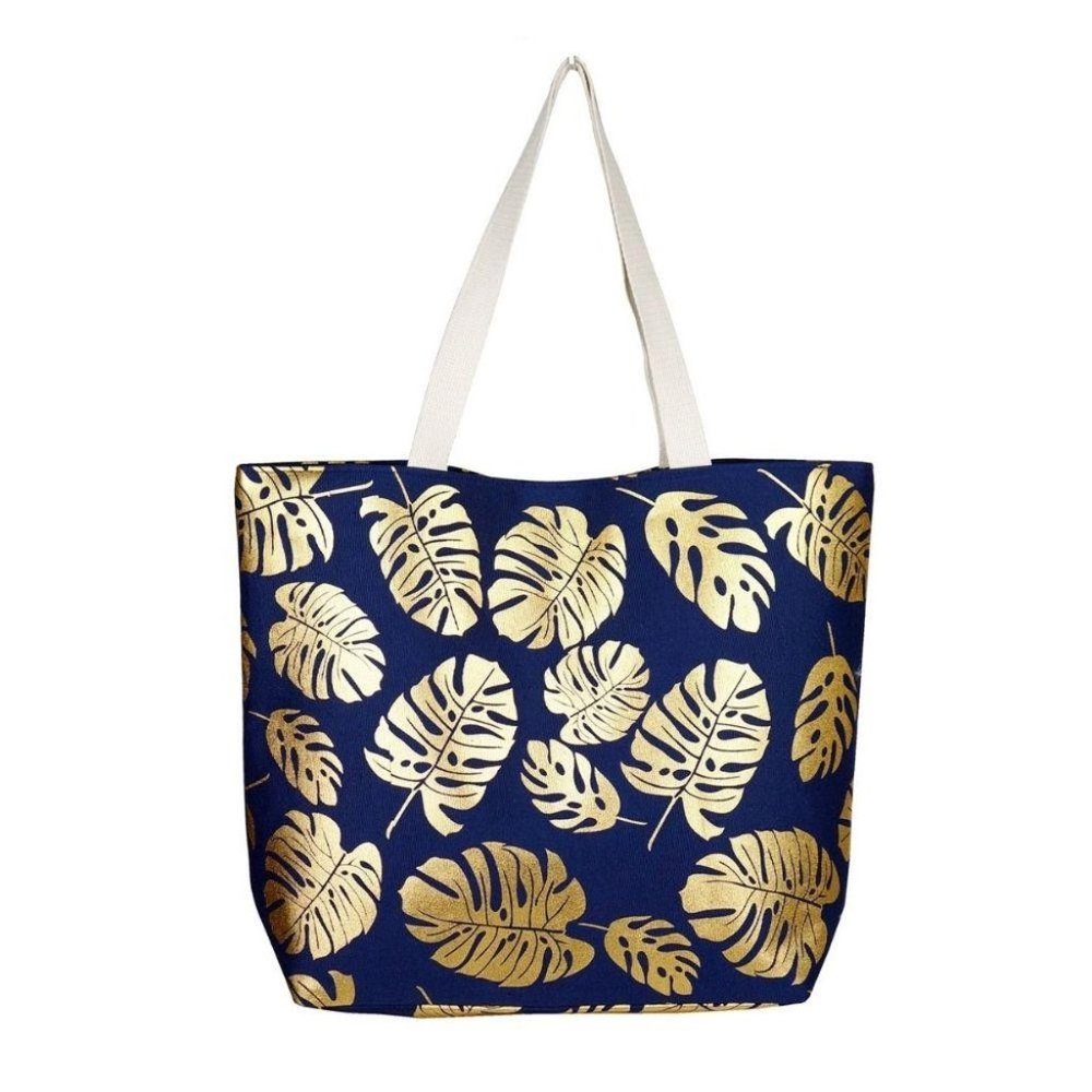 Navy and Gold Metallic palm leaf print canvas tote
